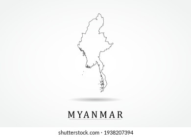 Myanmar Map- World Map International vector template with thin black outline or outline graphic sketch style and black color isolated on white background - Vector illustration eps 10