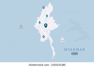 Myanmar Map - World Map International vector template High detailed with white color isolated on blue background including simple point of location, tree, boat icon - Vector illustration eps 10