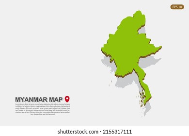 Mapa de Myanmar - Mapa mundial Plantilla vectorial internacional con estilo isométrico que incluye sombra, color verde y marrón aislado en fondo blanco para el diseño - Ilustración vectorial eps 10