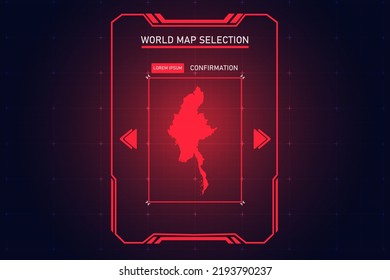 Myanmar Map - World Map International vector template with Red Color in perspective style and HUD, GUI, UI interface isolated on black background for design - Vector illustration eps 10