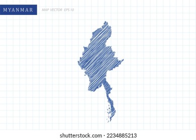 Myanmar Map - World Map International vector template with blue outline graphic and pen drawing sketch style isolated on white grid background for design, website - Vector illustration eps 10