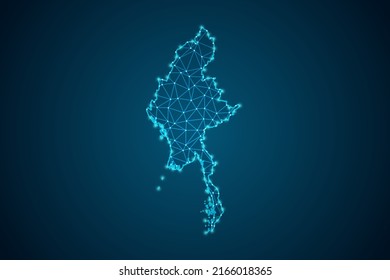 Myanmar Map - World Map Mash Linie und Punktwaage auf blauem Hintergrund. Draht-Rahmen-3D-Maschenweite, Design-Kugel, Punkt und Struktur - Vektorgrafik eps10