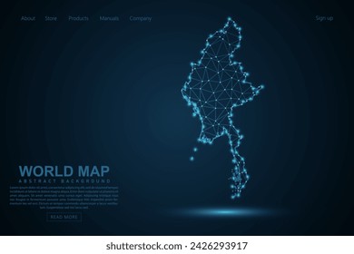 Myanmar Map - World Map mash line and point scales on blue technology background. Wire Frame 3D mesh polygonal network line, design sphere, dot and structure - Vector illustration eps 10