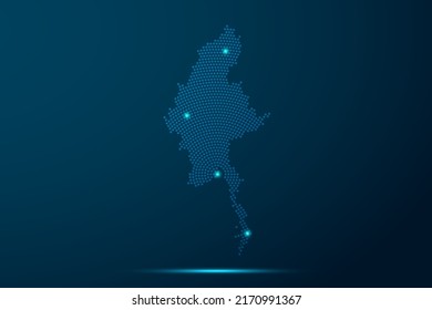 Myanmar Map - World Map vector template with dots, grid, grunge, halftone style and light, network line, design sphere on blue technology background -  Vector illustration eps 10