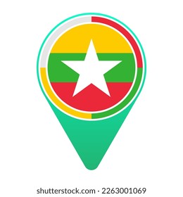 Myanmar (MM) National Flag Circular Round Target Pin Green Map Pointer Location Mark Logo Icon Isolated on White Background
