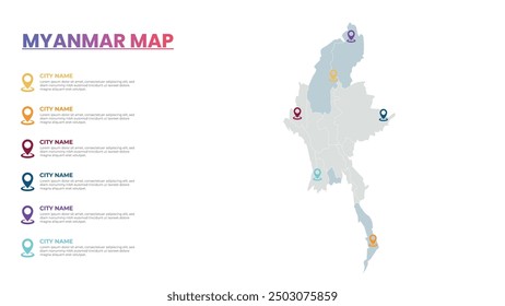 Myanmar Modern Map Infographic Template, Detailed infographic map of Myanmar Popular City