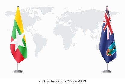  Myanmar and Montserrat flags for official meeting against background of world map.