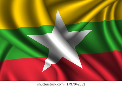 Myanmar national flag of silk. Vector fabric texture