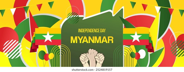 Myanmar national or independence day modern banner with flag. Abstract background for national holiday celebration, greeting card, sport and music event poster. Horizontal templates