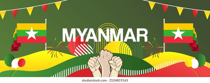 Myanmar national or independence day modern banner with flag. Abstract background for national holiday celebration, greeting card, sport and music event poster. Horizontal templates