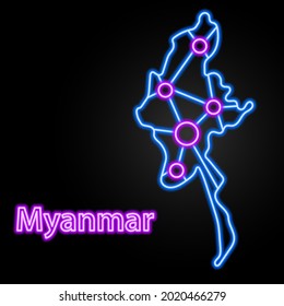 Myanmar neon map, isolated vector illustration.