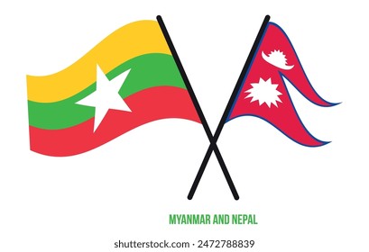 Myanmar and Nepal Flags Crossed And Waving Flat Style. Official Proportion. Correct Colors.