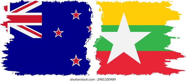 Myanmar and New Zealand grunge flags connection, vector