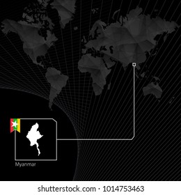 Myanmar on black World Map. Map and flag of Myanmar.