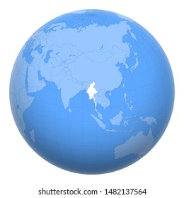 Myanmar on the globe. Earth centered at the location of the Republic of the Union of Myanmar. Map of Burma. Includes layer with capital cities.