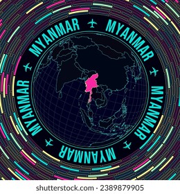 Myanmar en el mundo. La visión satelital del mundo se centró en Myanmar. Brillante estilo neón. Fondo de ladrillos radiales futuristas. Ilustración vectorial vibrante.