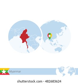 Myanmar on world globe with flag and regional map of Myanmar. Vector Illustration.