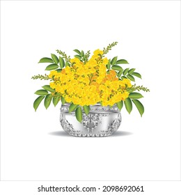 Myanmar Padauk Flower with Silver Bowl, Thingyan Water Festival flower, The national Flower of Myanmar, Padauk, Pterocarpus macrocarpus
