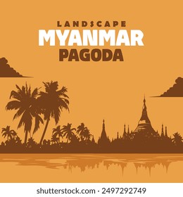 Myanmar Pagoda Landscape Vector, Travel Poster Silhouette