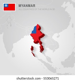 Myanmar painted with flag drawn on a gray map.