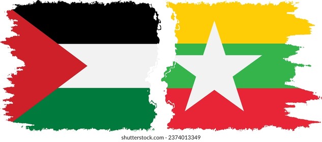 Myanmar and Palestine grunge flags connection, vector