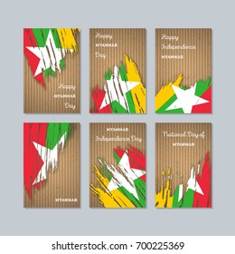 Myanmar Patriotic Cards for National Day. Expressive Brush Stroke in Flag Colors on kraft paper background. Vector Greeting Card.