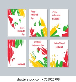 Myanmar Patriotic Cards for National Day. Expressive Brush Stroke in Flag Colors on white card background. Vector Greeting Card.