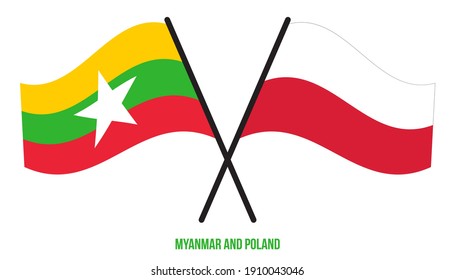 Myanmar and Poland Flags Crossed And Waving Flat Style. Official Proportion. Correct Colors.