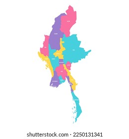 Mapa político de las divisiones administrativas de Myanmar: estados, regiones y territorio de la Unión Naypyitaw. Mapa vectorial colorido con etiquetas.