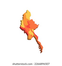 Myanmar political map of administrative divisions - states, regions and Naypyitaw Union Territory. 3D map in shades of orange color.