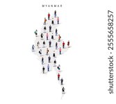 Myanmar population map. Large group of realistic a diverse crowd of people figures in a shape of Burma map. Flat vector illustration isolated on white.