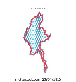 Myanmar population map. Stick figures Burma people map with bold red translucent country border. Pattern of men and women icons. Isolated vector illustration. Editable stroke.