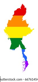 Myanmar pride gay vector map with rainbow flag colors. Asian country. 