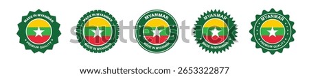 myanmar product labels set. myanmar flag, premium made in myanmar . Labels, seals, stamps, flags, icons