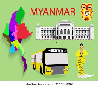 Myanmar, Random Set of vector with Yangon city symbol, Asia