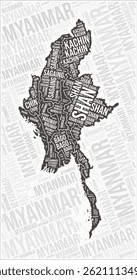 Myanmar regions map word cloud. Myanmar region names. Black and white map design. Stylish vector illustration.