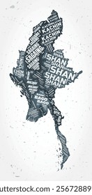 Myanmar regions word clouds. Country shape on textured background. Myanmar design in typographic style. Amazing vector illustration.