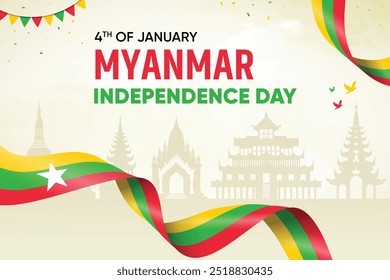 Flagge der Republik Myanmar auf Skyline-Hintergrund. Independence Day Concept Design Vektorgrafik.