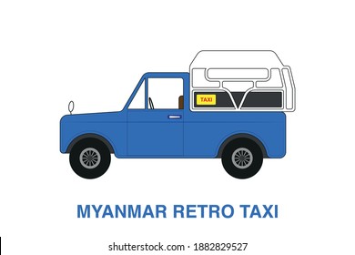 Myanmar Retro Taxi, Old Blue Car, Antique Classic Transportation Vehicle in Yangon, Mandalay, Myanmar