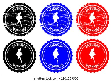 Myanmar - rubber stamp - vector, Republic of the Union of Myanmar (Burma) map pattern - sticker - black, blue and red
