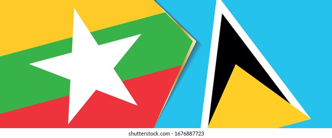 Myanmar and Saint Lucia flags, two vector flags symbol of relationship or confrontation.