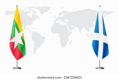  Myanmar and Scotland flags for official meeting against background of world map.