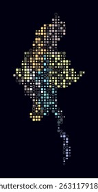 Myanmar, shape of the country build of colored cells. Digital style map of the Myanmar on dark background. Small size rounded square blocks. Modern vector illustration.