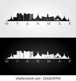 Myanmar skyline and landmarks silhouette, black and white design, vector illustration.
