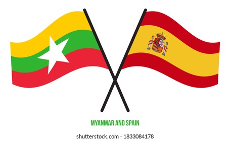 Myanmar and Spain Flags Crossed And Waving Flat Style. Official Proportion. Correct Colors.