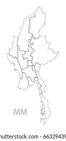 Myanmar states outline silhouette map illustration with black shape