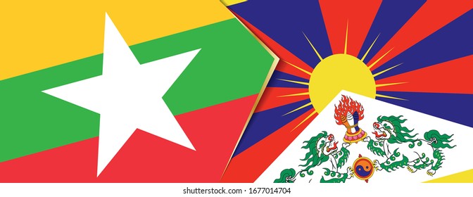 Myanmar and Tibet flags, two vector flags symbol of relationship or confrontation.