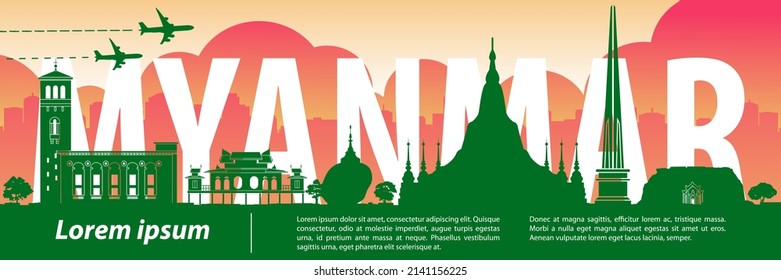 myanmar top famous landmarks silhouette style,travel and tourism,vector illustration