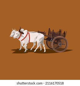 Myanmar Traditional Cows Cart, Cows cart, Myanmar, Vector Illustration