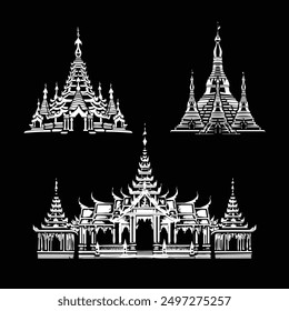 Myanmar Traditional Pagoda and Royal Palace Silhouette